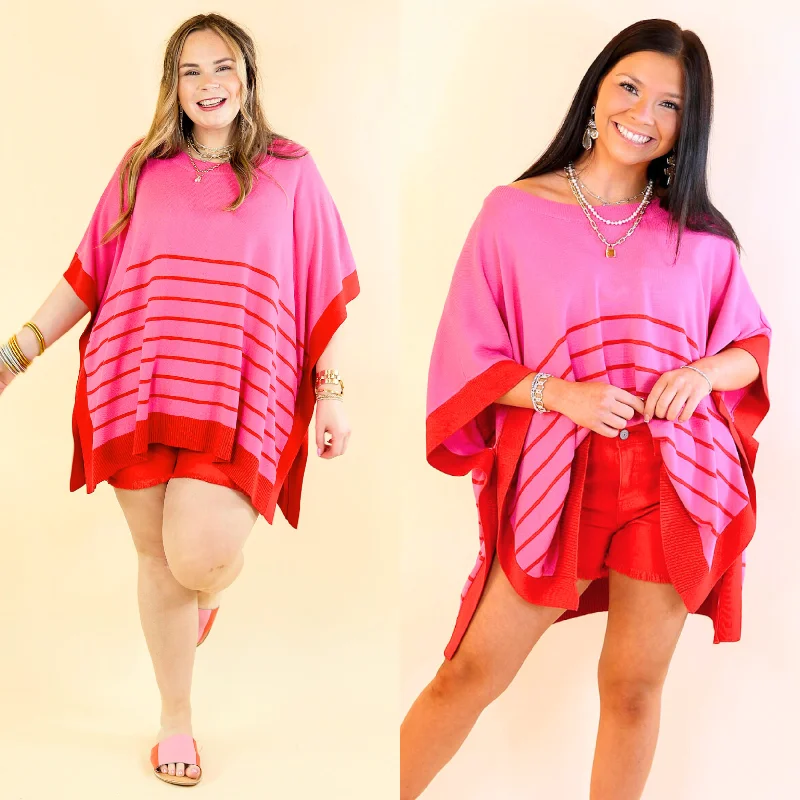 Sophisticated Style Casual to Chic Short Sleeve Striped Poncho Top in Pink and Red