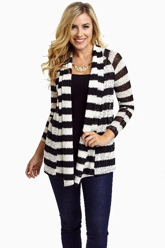 Everyday Wear Black White Striped Knit Cardigan