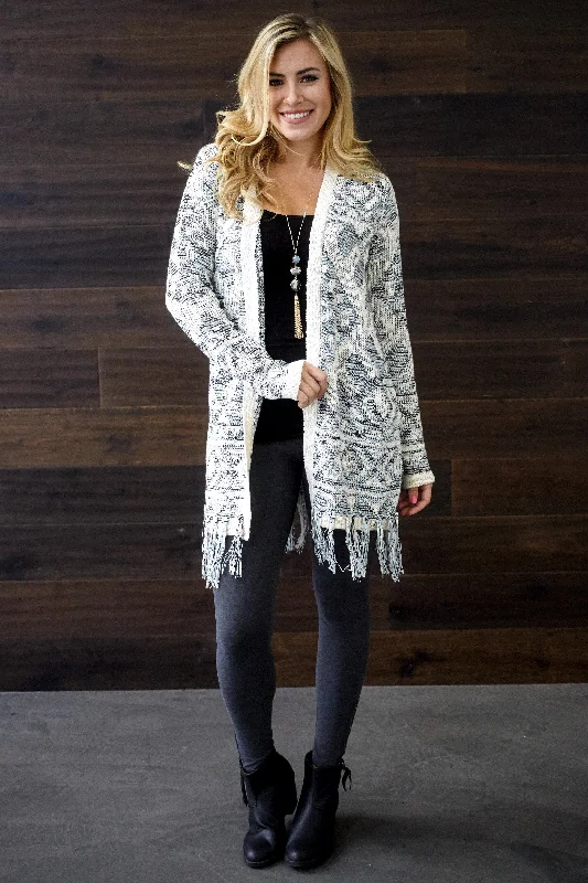 Vibrant Styles Ivory Blue Printed Fringe Knit Cardigan