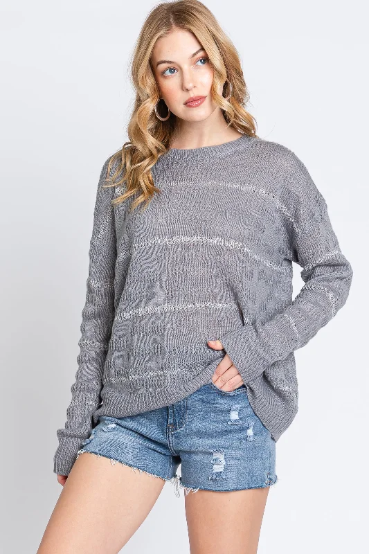 Modern Women's Fashion with Vintage Touches Grey Striped Open Knit Top