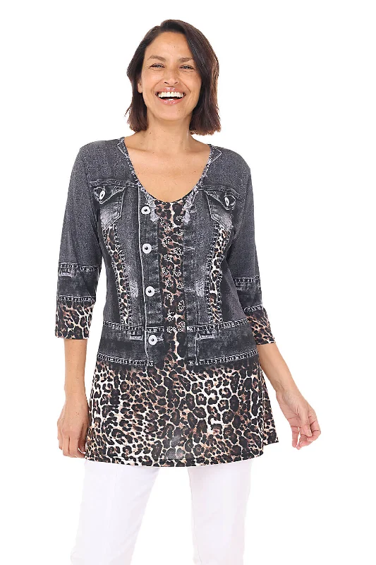 Women's Festive Attire Leopard Denim Jacket Printed Knit Tunic