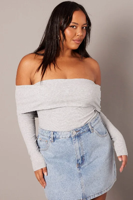 Flash Sales This Week Grey Off Shoulder Top Long Sleeve