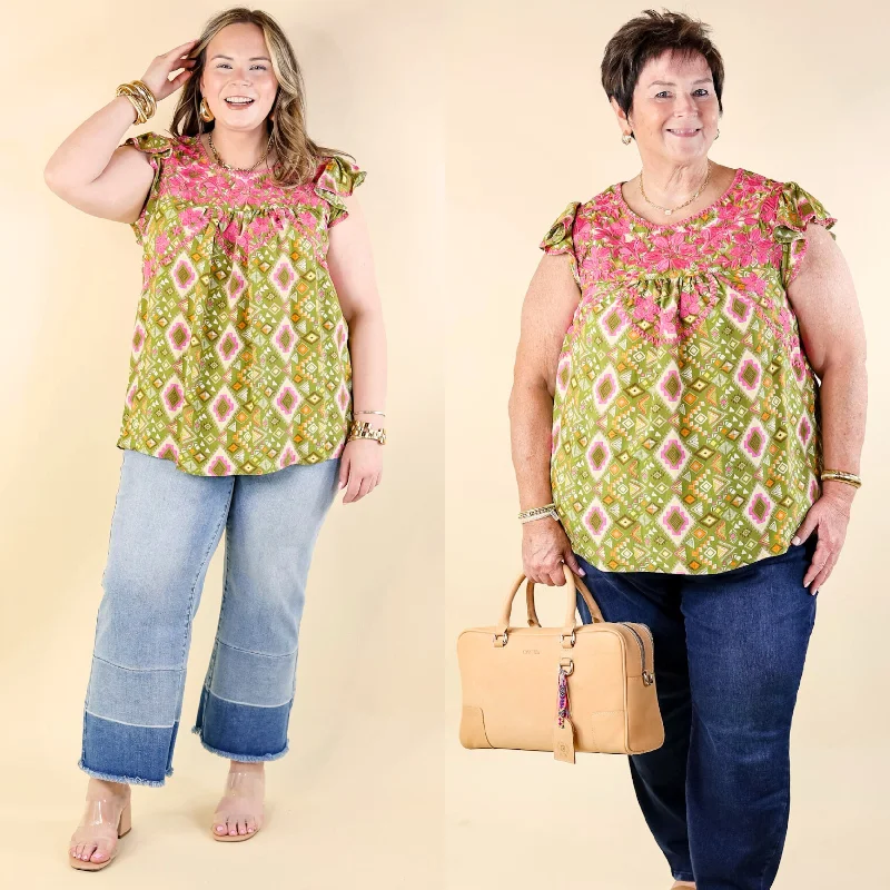 Sophisticated Fashion Serene Splendor Aztec Print Top with Pink Floral Embroidery in Green