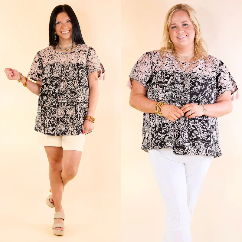 Premium Style Sweet And Charming Paisley and Floral Print Top with Light Pink Floral Embroidery in Black