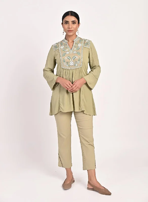 Workwear Fashion for Women Sage Green Collared Tunic with Embroidery at Yoke