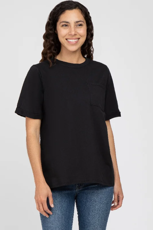 Classic Women's Apparel Black Oversized Pocket Front Short Sleeve Top