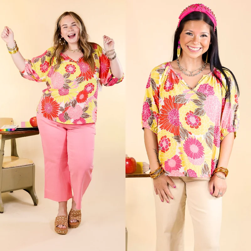 Latest Fashion The Loveliest Day Multi Color Floral V Neck Top in Yellow