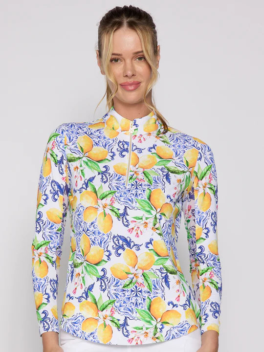 Comfortable Clothes G Lifestyle Long Sleeve Print Zip Mock Neck Top - Blue Lemon