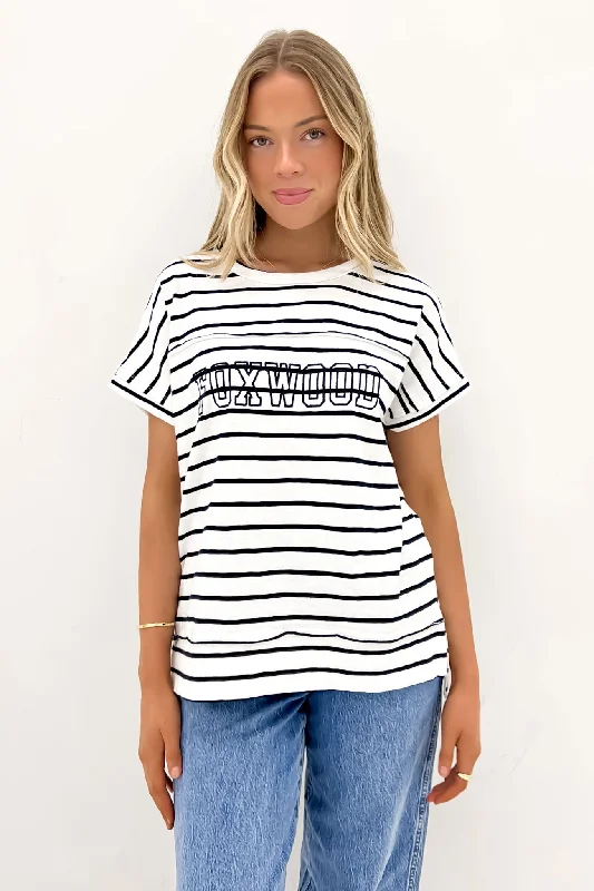 Fashion Forward Throw On Short Sleeve Stripe Tee White Navy Stripe