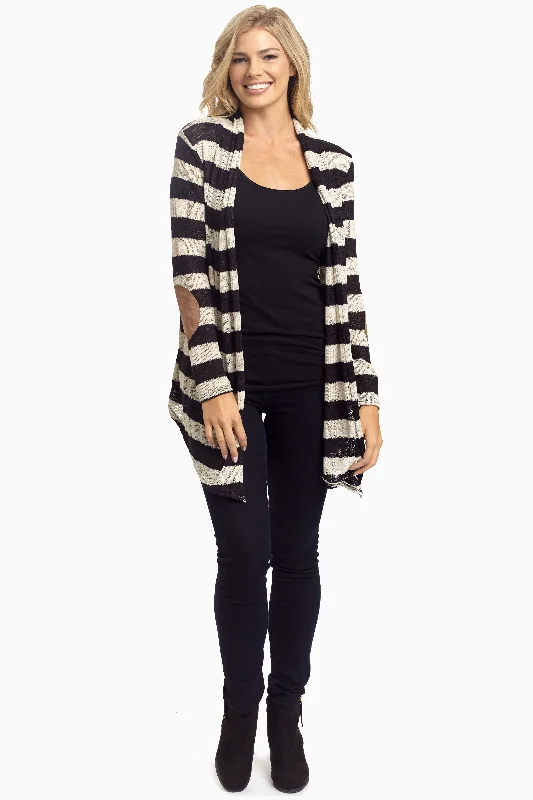 Graceful Fashion Black Striped Suede Elbow Cardigan