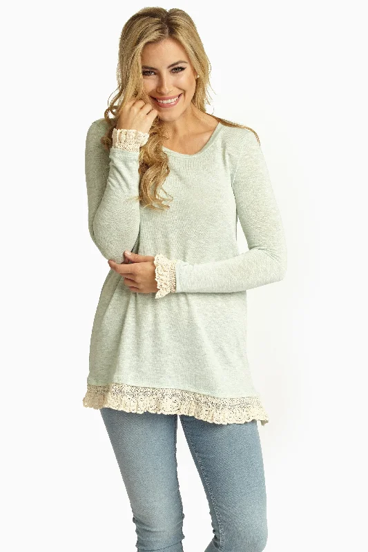 Women Clothing Mint Green Crochet Trim Knit Top