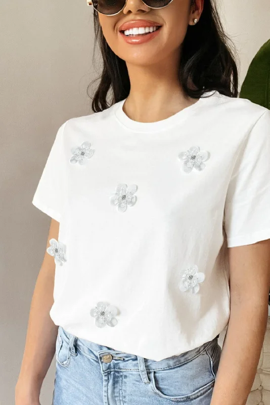 Earthy Tones Flower Applique Round Neck T-shirt