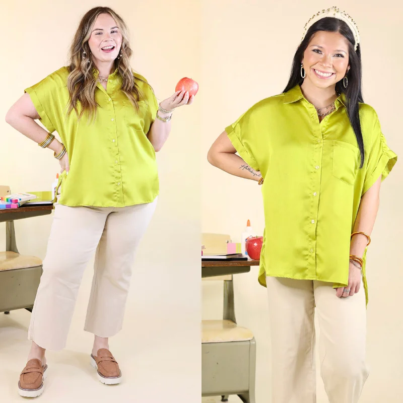 Clothes Woman Free To Be Fab Button Up Short Sleeve Top in Chartreuse Green