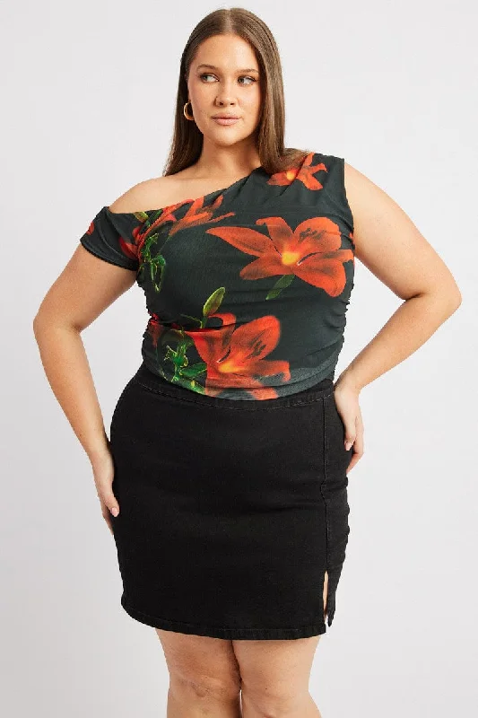 Fashionable Tops for Women Black Floral One Shoulder Top Short Sleeve Mesh