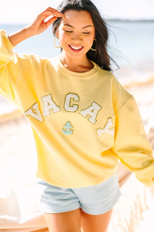 Women's Evening Wear Attire Vacay Yellow Varsity Corded Sweatshirt