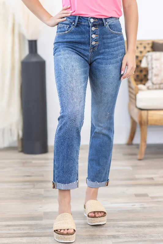 Women's Clothing Risen Button Fly Ankle Straight Leg Jeans