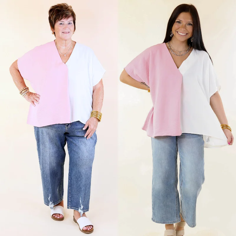 Outfits For Girls Weekend Out V Neck Placket Color Block Short Sleeve Top in Ivory and Pink