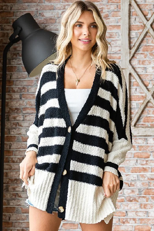 Winter Wardrobe Clearance Black Textured Knit Striped Oversized Cardigan