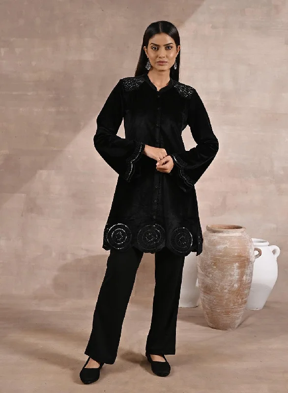 Formal Outfit For Women Black Velvet Tunic with Cut Work & Hand Embroidery