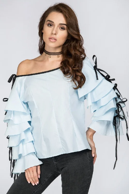 Effortless Chic for Women Blue Tiered Ruffle Sleeve Off the Shoulder Top