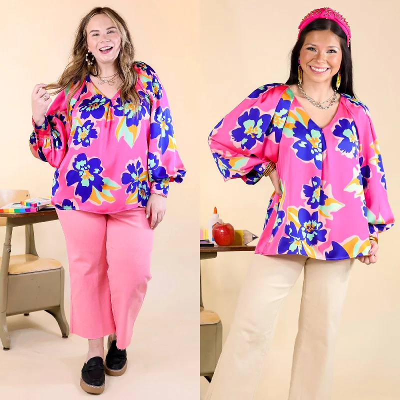 Casual Chic Peony Path Long Sleeve Floral Top with V Neckline in Pink