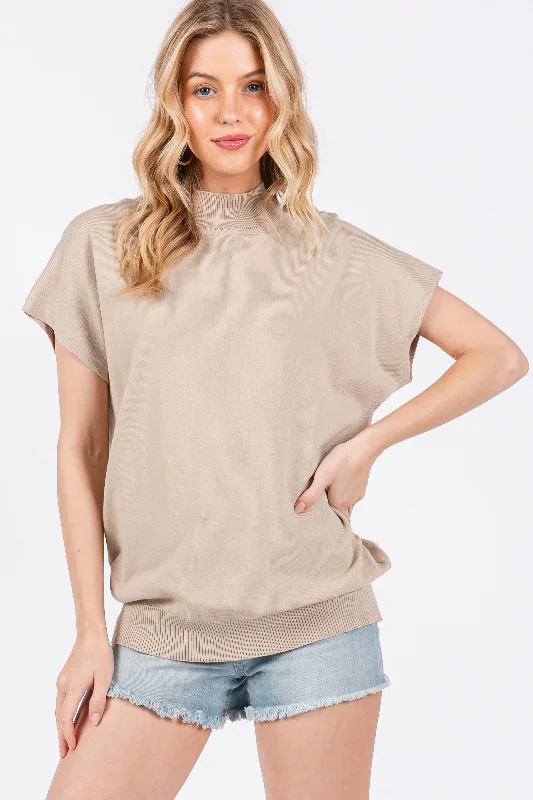 New Arrival Discount Beige Mock Neck Knit Top