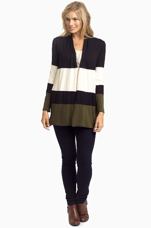 Chic Casual Style Black Olive Colorblock Cardigan