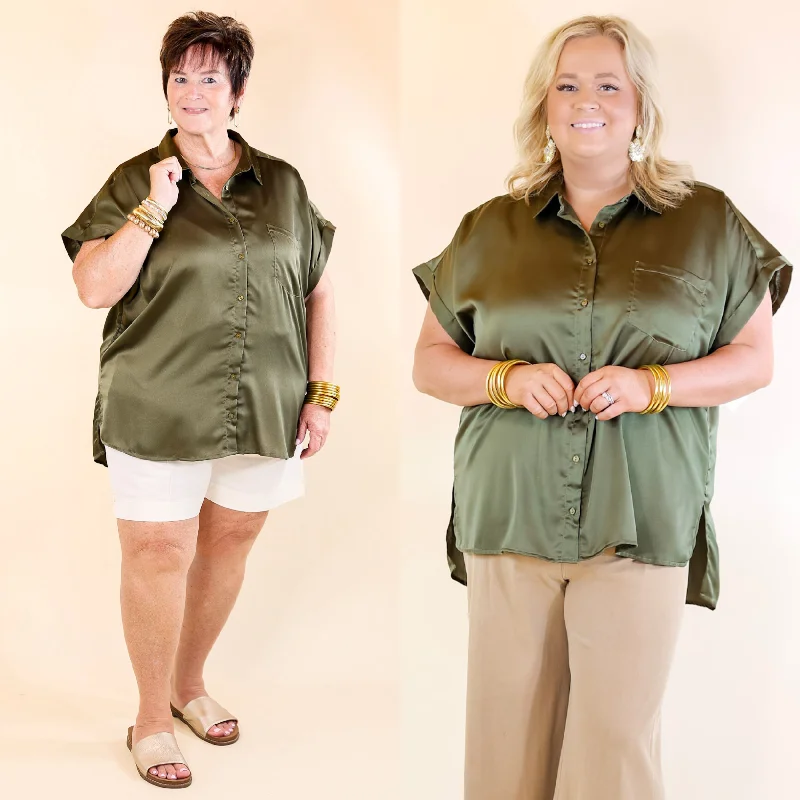 Women Wear Boutique Free To Be Fab Button Up Short Sleeve Top in Olive Green