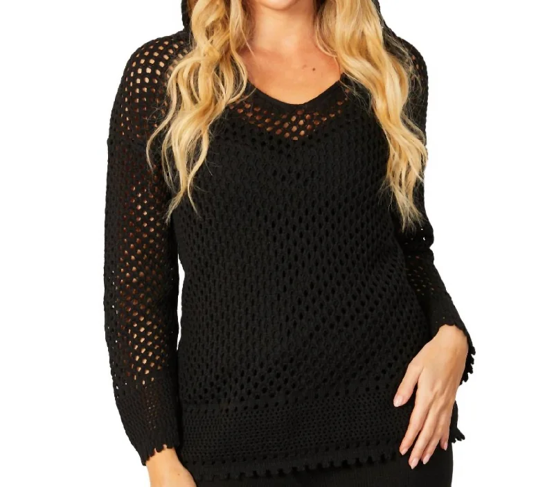 Women's Chic Outfit V-Neck Crochet Hoodie In Black