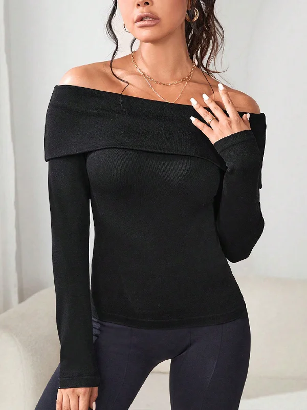 Chic Women's Outfit Ideas Off-Shoulder Long Sleeve Soft Knit Top