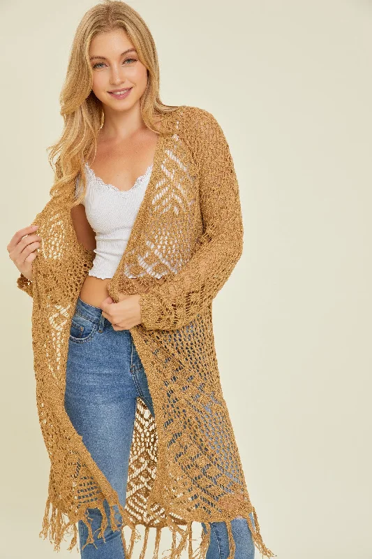 Sale For Women Gold Crochet Fringe Hem Cardigan