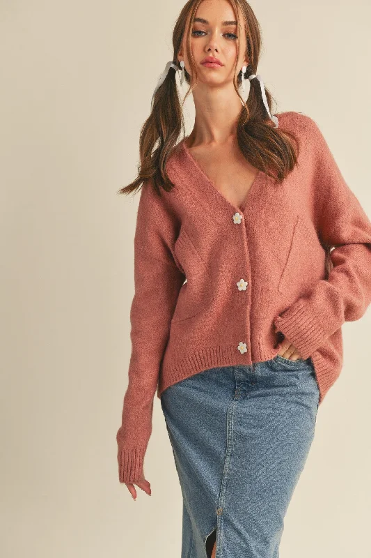 Modern Women's Apparel Mauve Daisy Button Knit Cardigan