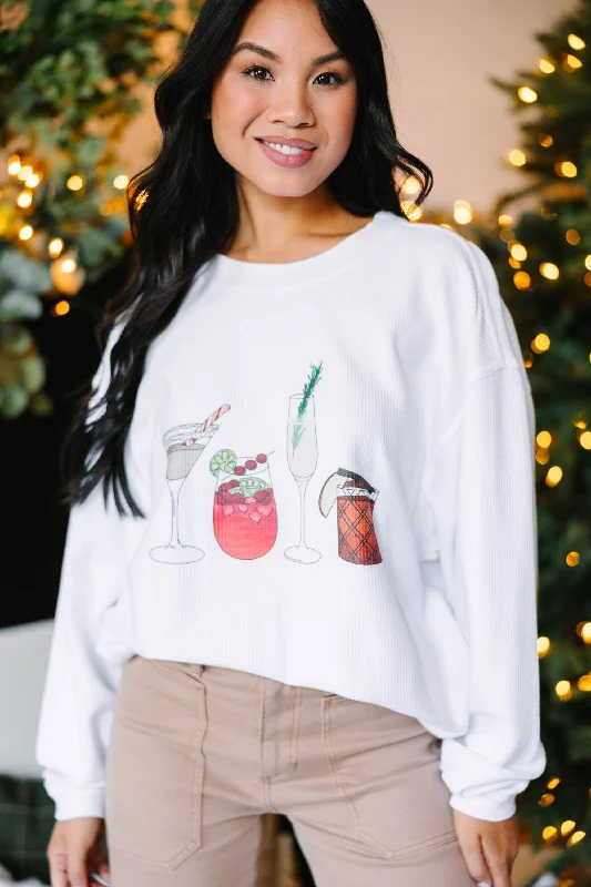 Women's Comfortable Lounge Attire Holiday Spirits White Graphic Corded Sweatshirt