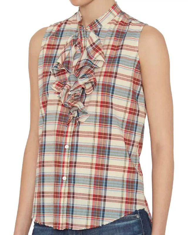 Women's Clothes Online Shopping Plaid Ruffle Sleeveless Top In Multi