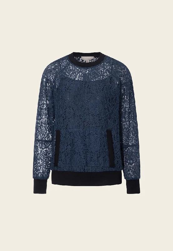 Vintage Fashion Blue Lace Sweatshirt with Pockets