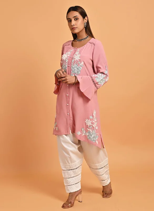 Women's Romantic Outfit Pink Patchwork Embroidered Tunic with Asymmetrical Hemline