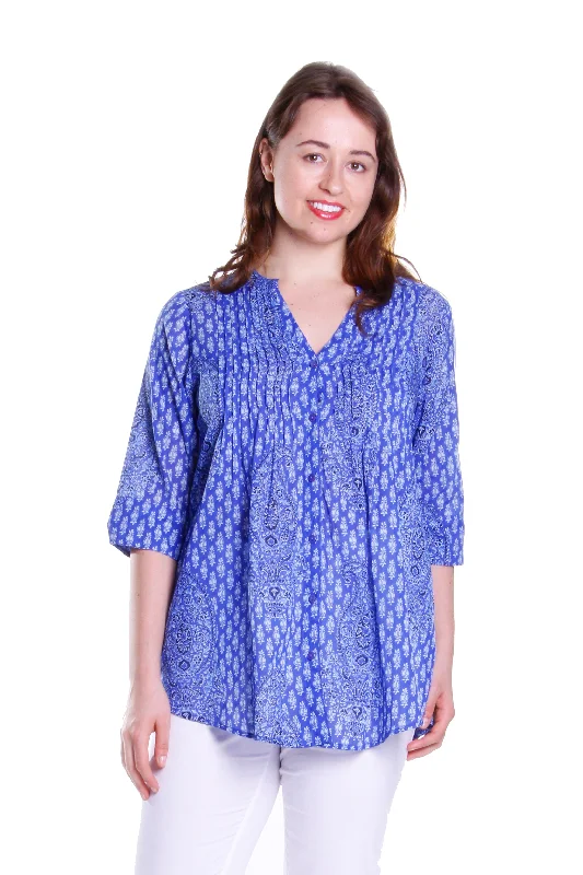 Comfortable Casual Women's Clothing Blue Paisley Pleated Tunic