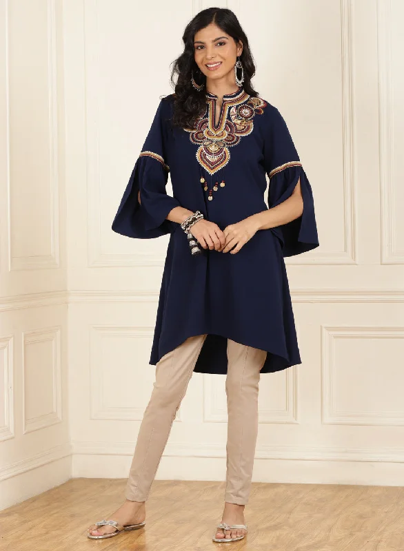 Modern Women's Attire Blue Embroidered Georgette Tunic for Women