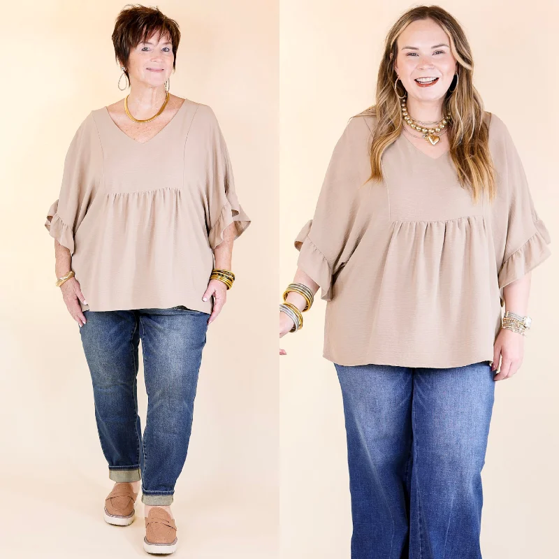 Women's Trendy Activewear Apparel Chic Cascades Tiered V Neck Top with Ruffle Sleeves in Taupe