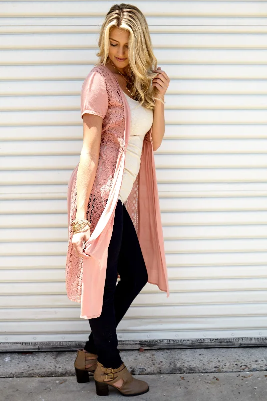 Casual Chic Dusty Pink Lace Accent Button Front Cardigan