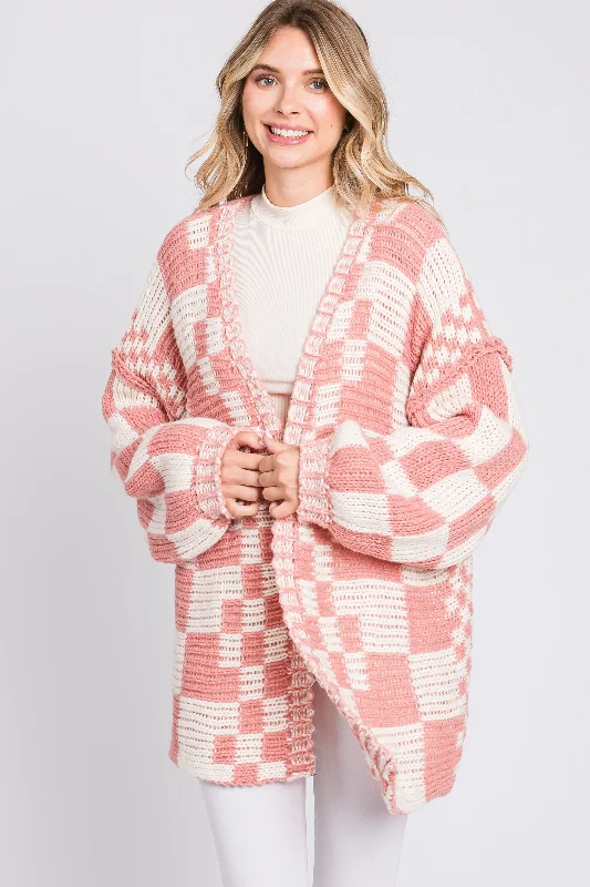 Woman Clothing Mauve Checkered Oversized Chunky Knit Cardigan