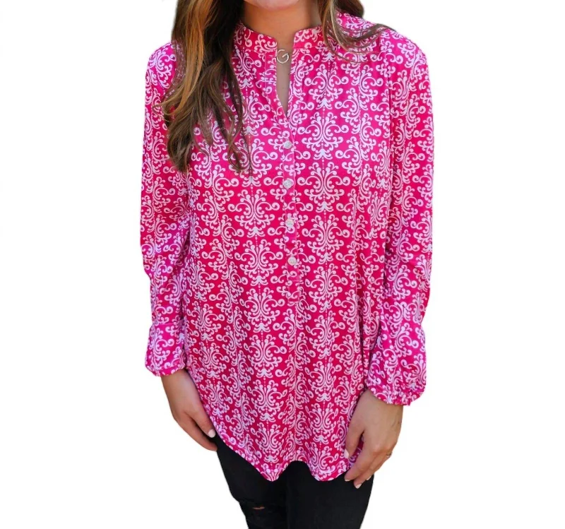 City Fashion Print Pullover Top With Button Detail In Pink/white