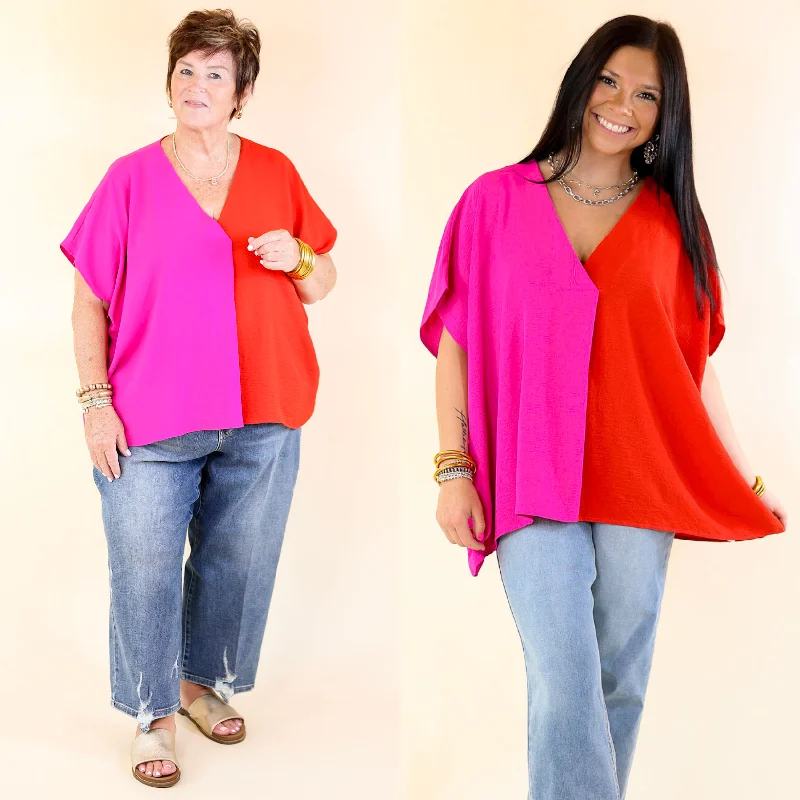 Timeless Classics Weekend Out V Neck Placket Color Block Short Sleeve Top in Red and Pink