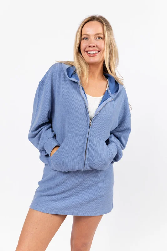 Laid-Back Elegance Tried It All Blue Ribbed Knit Full Zip Sweatshirt