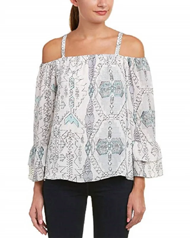 Women's Urban Fashion Off The Shoulder Tribal Print Top In White/blue