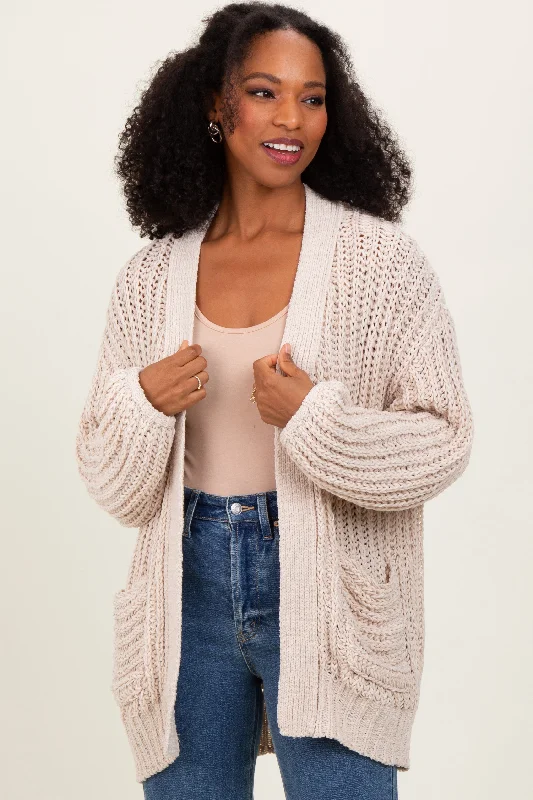 Chic & Cozy Apparel Beige Chunky Knit Oversized Pocket Cardigan