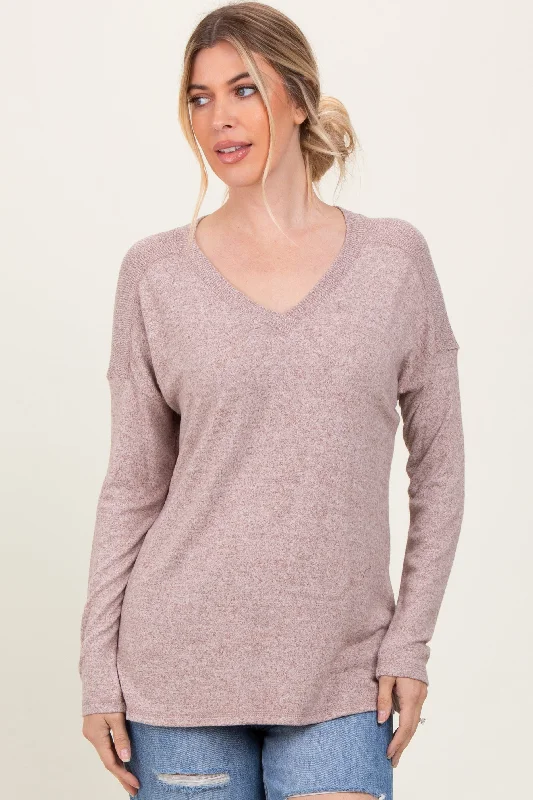 Women's Clothing Brands Beige Basic V-Neck Long Sleeve Brushed Knit Top