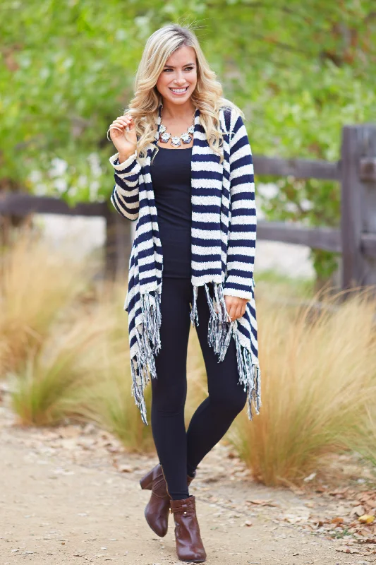 Women's Stylish Professional Apparel Navy Blue Ivory Striped Fringe Hem Flowy Knit Cardigan