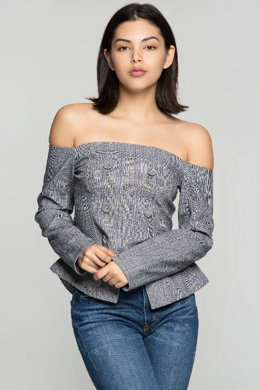 Workwear Fashion for Women Grey Glen Check Off The Shoulder Top