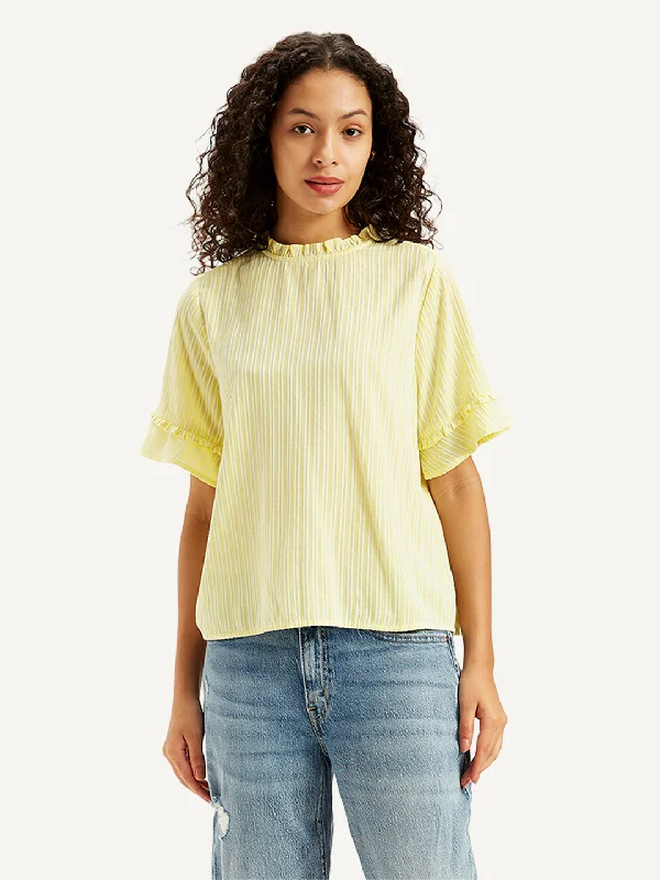 Online Impressions Boutique Women's Striped Yellow High Neck Top